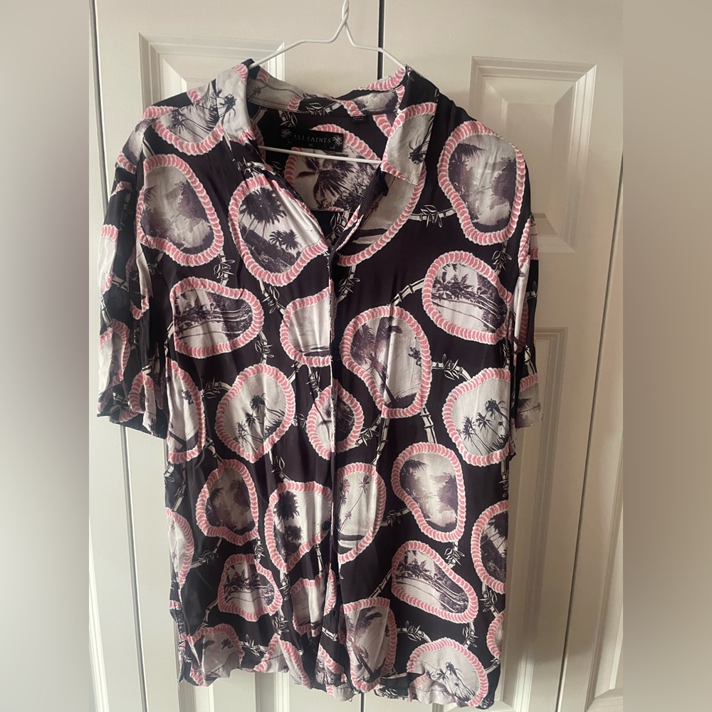 All Saints Print Short Sleeve Black and Pink Button Down Casual Shirt